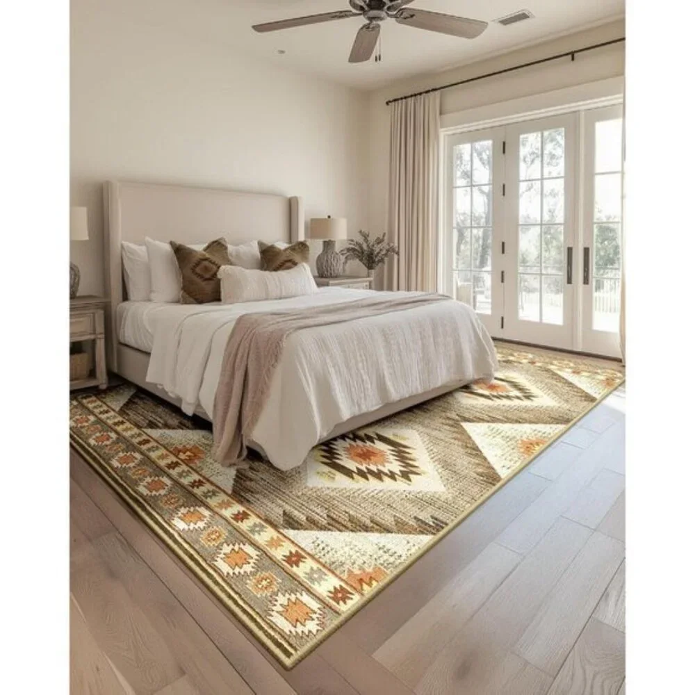 New 5x7 Cream Camel Western Rug, Washable Low Pile Non-Slip Area Carpet for Home